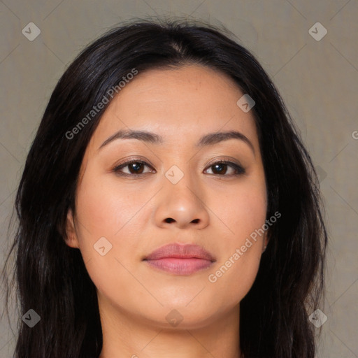 Joyful asian young-adult female with long  brown hair and brown eyes