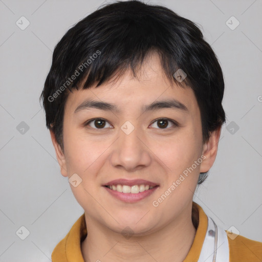 Joyful asian young-adult female with short  brown hair and brown eyes