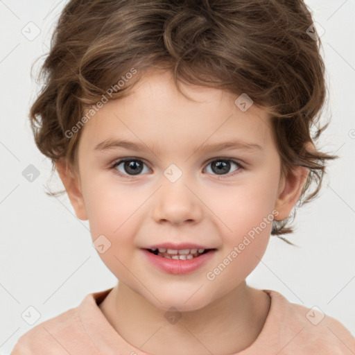 Joyful white child female with medium  brown hair and brown eyes