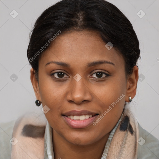 Joyful latino young-adult female with medium  brown hair and brown eyes