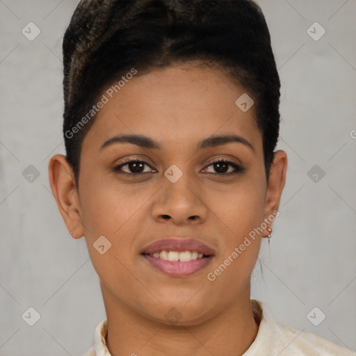 Joyful black young-adult female with short  brown hair and brown eyes