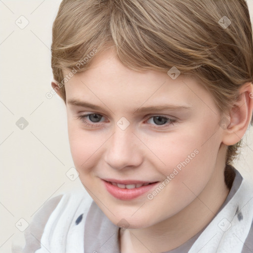 Joyful white child female with medium  brown hair and brown eyes