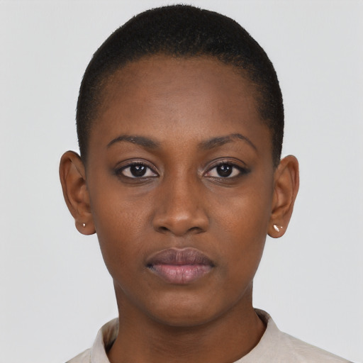 Neutral black young-adult female with short  black hair and brown eyes