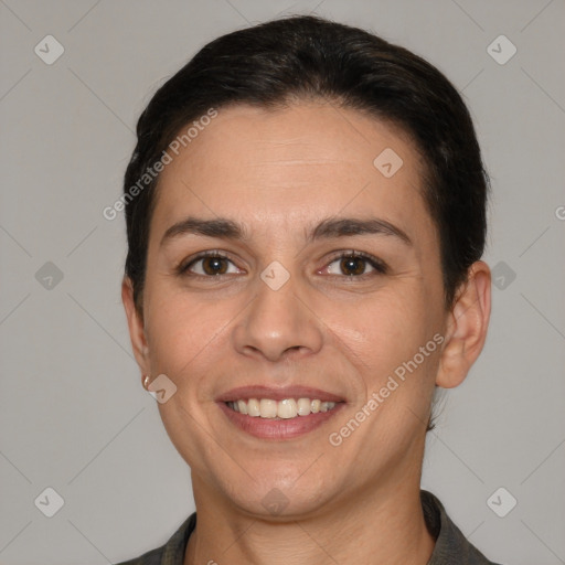 Joyful white young-adult female with short  brown hair and brown eyes