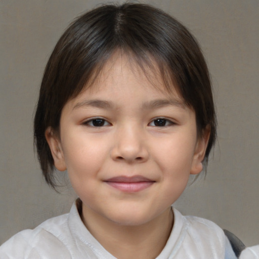 Joyful white child female with medium  brown hair and brown eyes