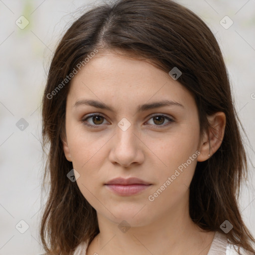 Neutral white young-adult female with medium  brown hair and brown eyes