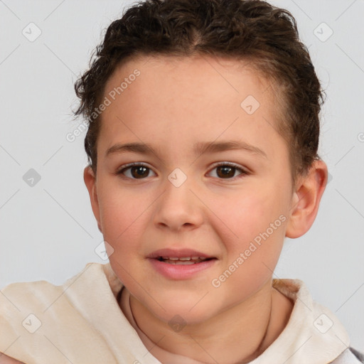 Joyful white child female with short  brown hair and brown eyes