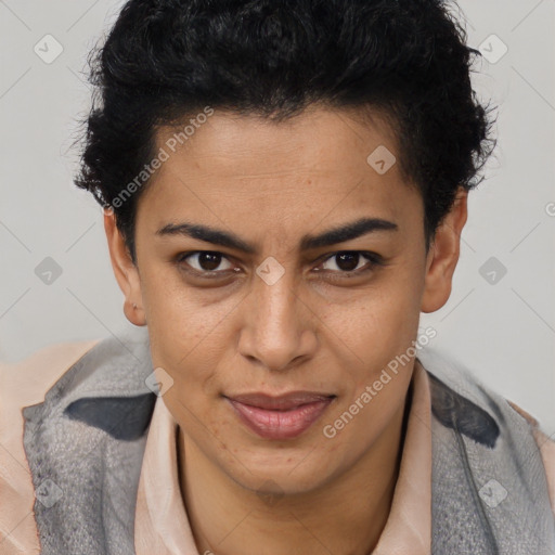 Joyful latino young-adult female with short  brown hair and brown eyes