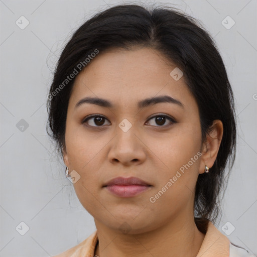 Neutral asian young-adult female with medium  brown hair and brown eyes