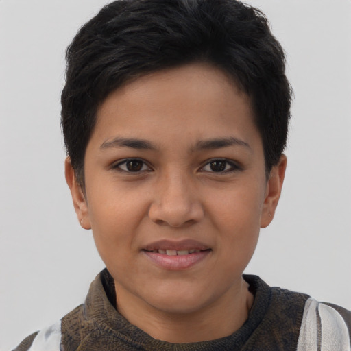 Joyful latino young-adult female with short  brown hair and brown eyes