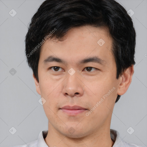 Neutral asian young-adult male with short  black hair and brown eyes