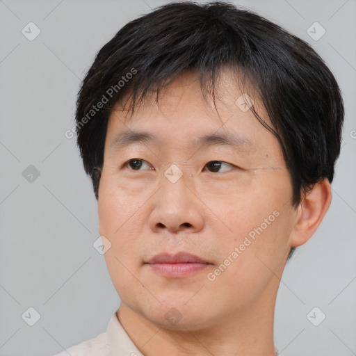 Joyful asian adult male with short  brown hair and brown eyes