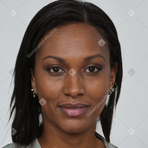 Joyful black young-adult female with medium  brown hair and brown eyes