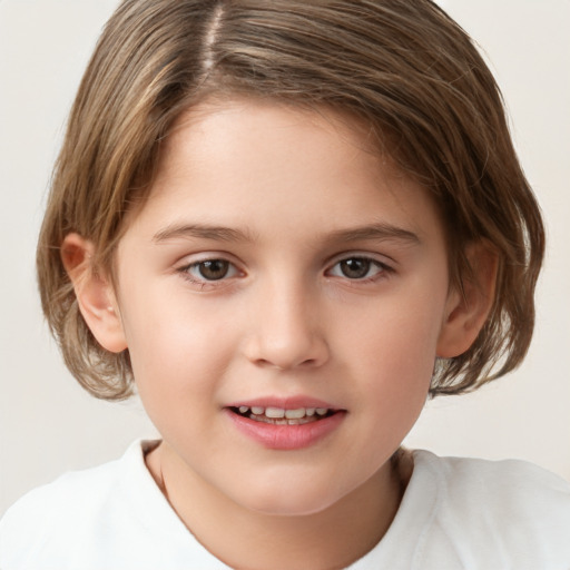 Joyful white child female with medium  brown hair and brown eyes