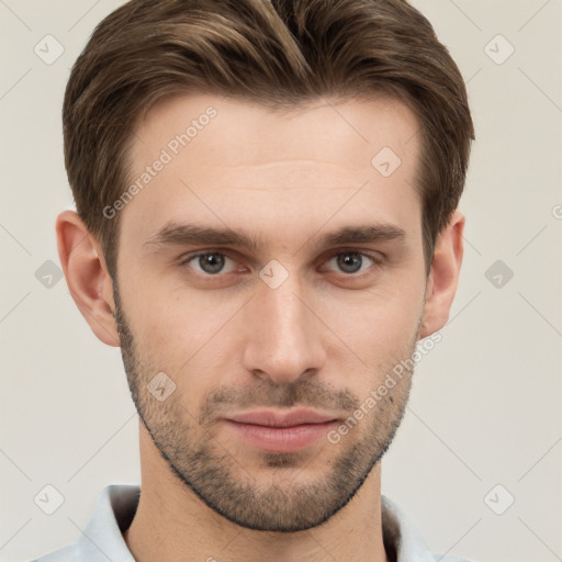 Neutral white young-adult male with short  brown hair and brown eyes