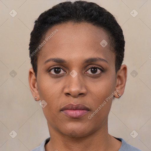 Neutral black young-adult female with short  black hair and brown eyes