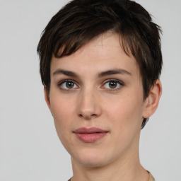 Neutral white young-adult female with short  brown hair and brown eyes