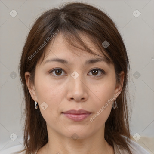 Neutral white young-adult female with medium  brown hair and brown eyes