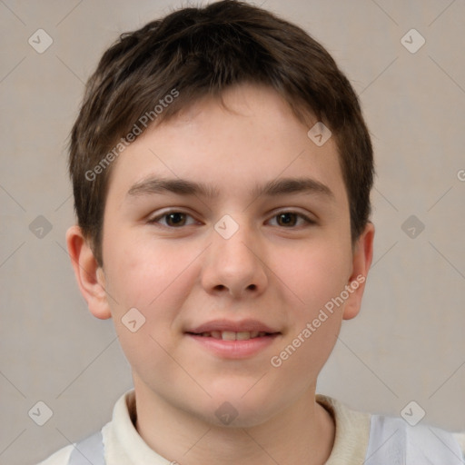 Joyful white child male with short  brown hair and brown eyes