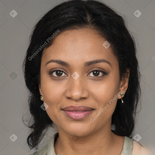 Joyful black young-adult female with medium  black hair and brown eyes