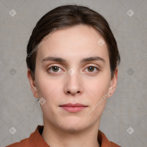 Neutral white young-adult female with short  brown hair and grey eyes