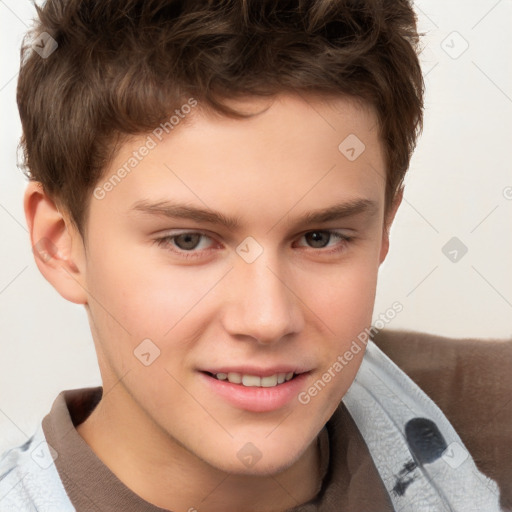 Joyful white child male with short  brown hair and brown eyes