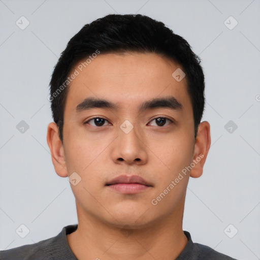 Neutral asian young-adult male with short  black hair and brown eyes