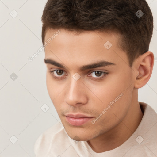 Neutral white young-adult male with short  brown hair and brown eyes