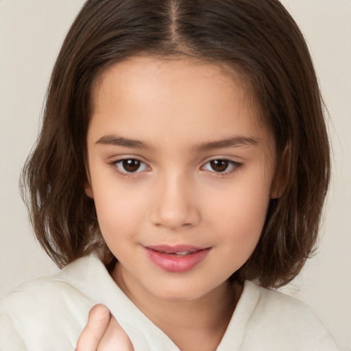 Joyful white child female with medium  brown hair and brown eyes