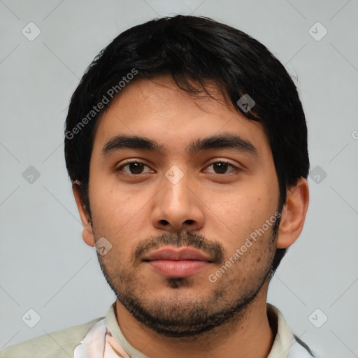 Neutral latino young-adult male with short  black hair and brown eyes