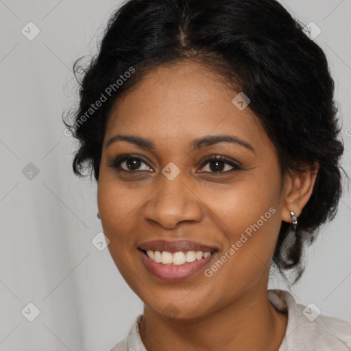 Joyful black young-adult female with medium  brown hair and brown eyes