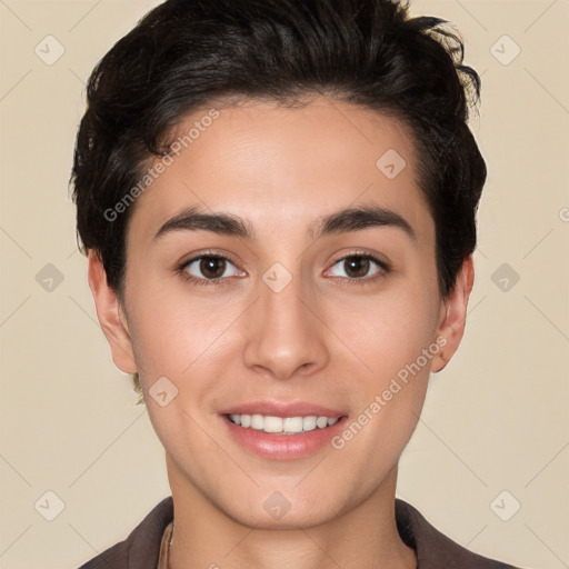 Joyful white young-adult female with short  brown hair and brown eyes