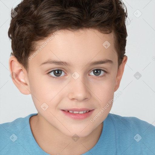 Joyful white child female with short  brown hair and brown eyes