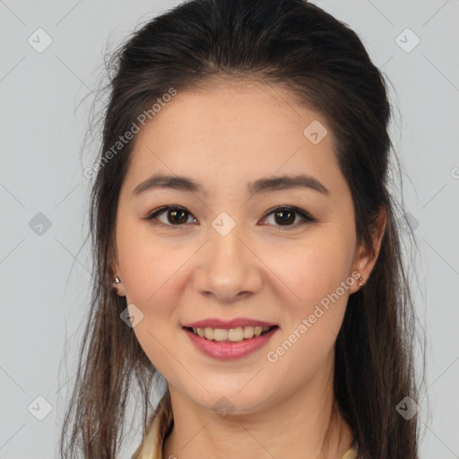 Joyful white young-adult female with medium  brown hair and brown eyes