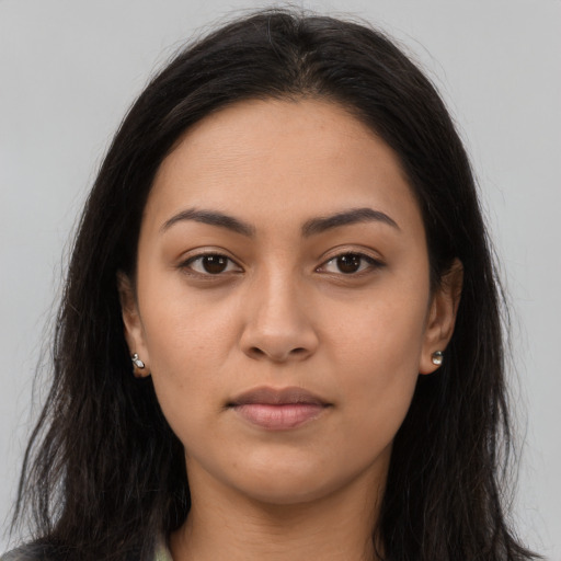 Neutral asian young-adult female with long  brown hair and brown eyes