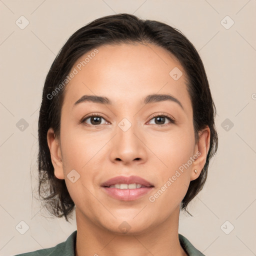 Joyful white young-adult female with medium  brown hair and brown eyes