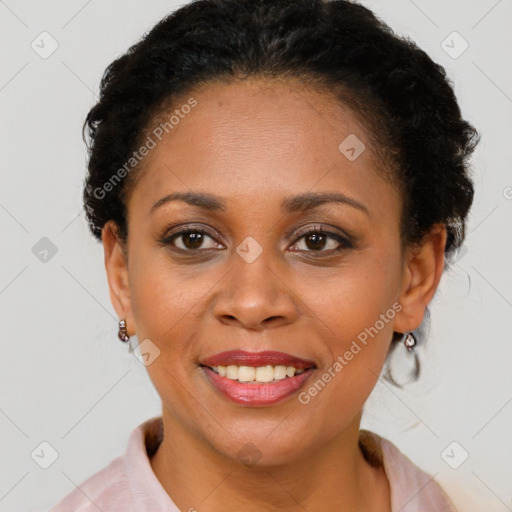 Joyful latino young-adult female with short  brown hair and brown eyes