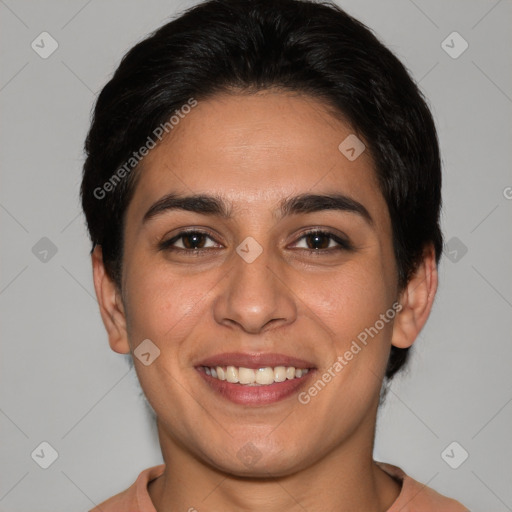 Joyful white young-adult female with short  brown hair and brown eyes