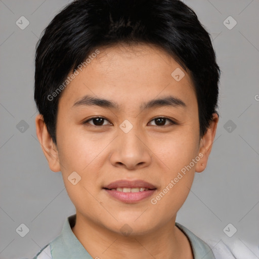 Joyful asian young-adult female with short  brown hair and brown eyes