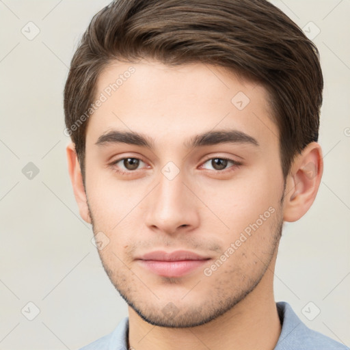 Neutral white young-adult male with short  brown hair and brown eyes