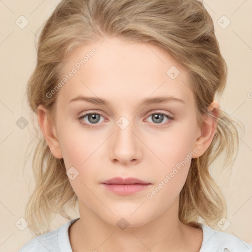 Neutral white young-adult female with medium  brown hair and grey eyes