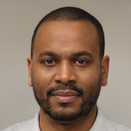 Neutral black young-adult male with short  black hair and brown eyes