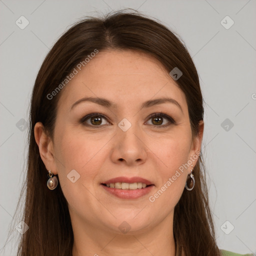 Joyful white young-adult female with long  brown hair and grey eyes