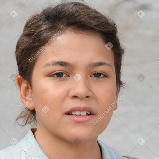 Joyful white child female with short  brown hair and brown eyes