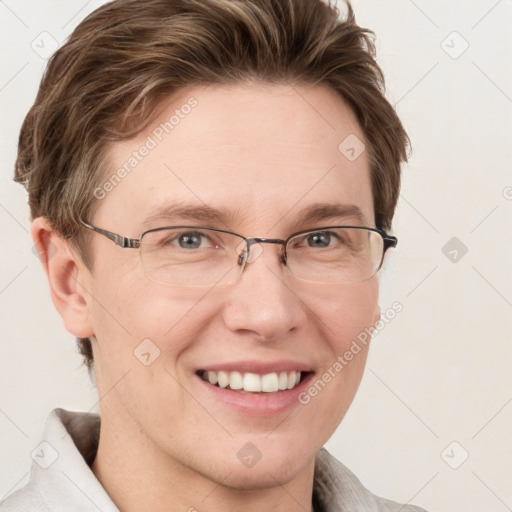 Joyful white adult female with short  brown hair and grey eyes