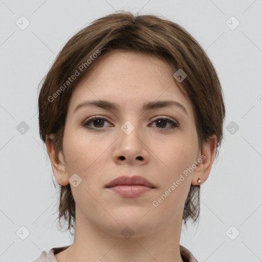 Neutral white young-adult female with medium  brown hair and brown eyes