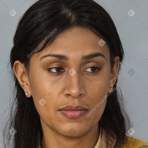 Joyful asian young-adult female with long  brown hair and brown eyes