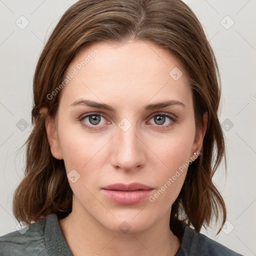 Neutral white young-adult female with medium  brown hair and grey eyes