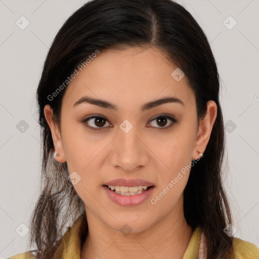 Joyful latino young-adult female with long  brown hair and brown eyes