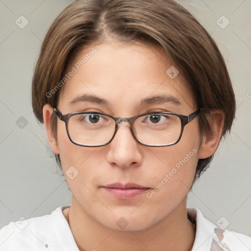 Neutral white young-adult female with medium  brown hair and brown eyes